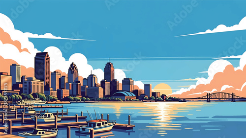 flat vector illustration of a Buffalo-style skyline with waterfront docks, compact urban buildings and wide lake horizon, clean flat vector design in solid colors