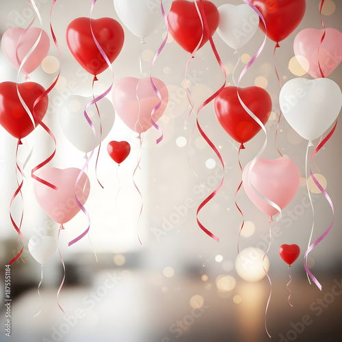 Valentine's Day Balloons: Floating, heart-shaped balloons, symbolizing love and affection, grace a room. These balloons, in shades of red, pink, and white, are adorned with graceful ribbons.
