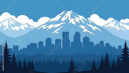 Flat vector illustration of an Anchorage-inspired city view with compact skyline, evergreen trees and snow-capped mountains in the background, clean flat vector style