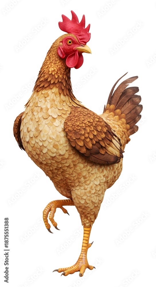 Fototapeta premium Realistic 3D Illustration of a Brown Rooster Standing on One Leg Isolated on White Background