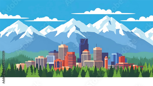 Flat vector illustration of an Anchorage-inspired city view with compact skyline, evergreen trees and snow-capped mountains in the background, clean flat vector style