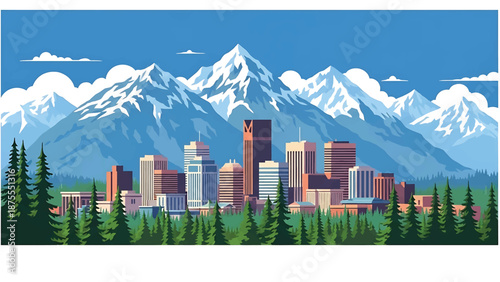 Flat vector illustration of an Anchorage-inspired city view with compact skyline, evergreen trees and snow-capped mountains in the background, clean flat vector style