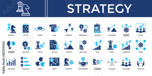 Strategy icon set collection. Containing issue, develop, mind, guidance, progress, decision, leadership .Solid vector icons collection