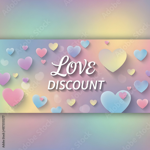 Love Discount Banner: A visually appealing banner showcasing pastel colored hearts, promoting a love-themed discount, and expressing affection. 