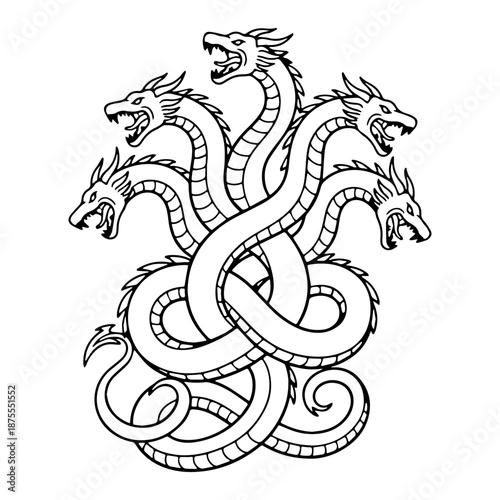 Monumental Hydra Line Art – Hydra Vector Graphic Featuring Refined Mythic Form – Hydra Drawing – Line Art Drawing of Hydra – Hydra Icon