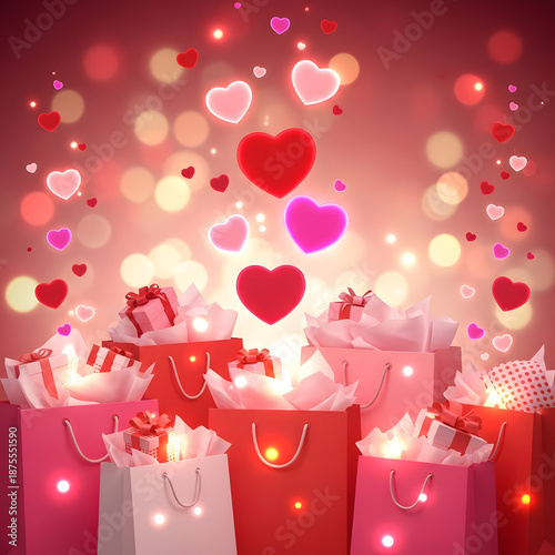 Gifts of Love: A delightful display of presents and hearts, symbolizing affection and thoughtfulness, evokes warm feelings of romance and celebration.