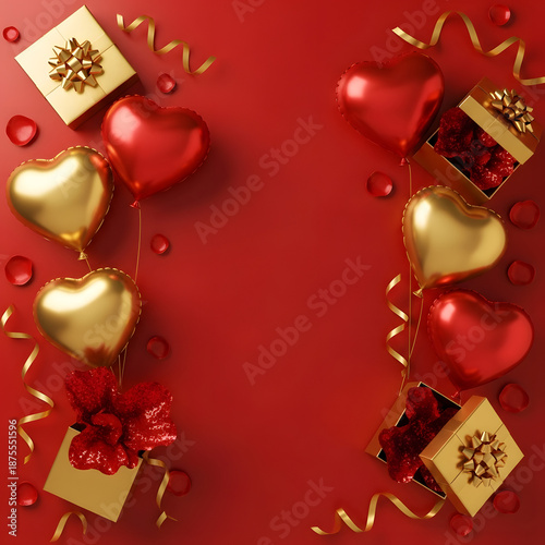 Love's Embellishment: Gilded and scarlet heart-shaped balloons and neatly wrapped gifts on a vibrant crimson canvas, complemented by scattered rose petals and shimmering ribbons.