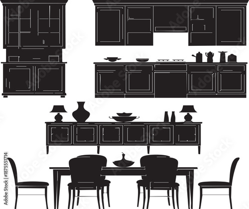 Elegant dining room setup featuring modern furniture, stylish cabinetry, dining table with chairs, and sophisticated decor including vases, lamps, and bowls creating a luxurious home ambiance.