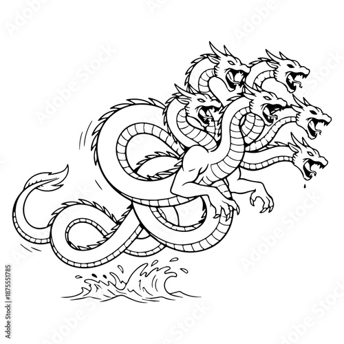 Arcane Hydra Line Art – Hydra Vector Outline with Elegant Fantasy Creature Lines – Hydra Drawing – Vector of Hydra – Hydra Sketch