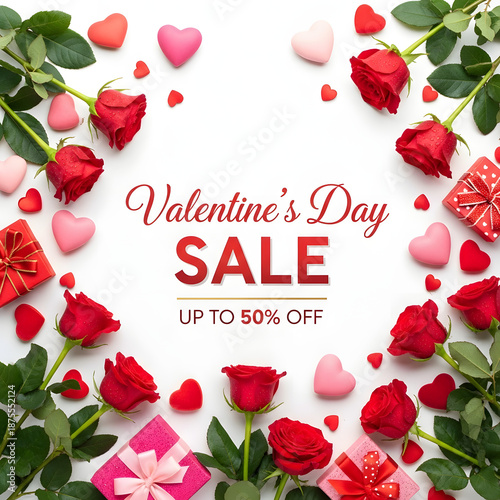Valentine's Day Sale Announcement: A vibrant Valentine's Day sale promotion, featuring a captivating assortment of red roses, heart-shaped candies, and charming gift boxes.
