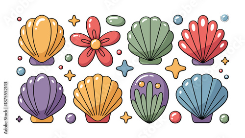 Coastal Charms: A vibrant collection of stylized seashells and marine elements, evoke a sense of oceanic tranquility, perfect for design assets.
