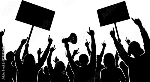 Silhouette of protest crowd holding blank placards and megaphone symbolizing freedom of speech, political activism, social justice, democracy, unity, public rally, and collective voice