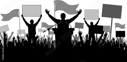 Silhouette of rally crowd with speaker at podium, raised hands, flags, and signs, symbolizing activism, leadership, public demonstration, and social justice movement.