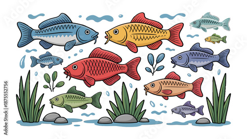 Vibrant Underwater Life: A colorful illustration showcasing diverse carp species swimming gracefully amidst aquatic plants and serene water droplets. 