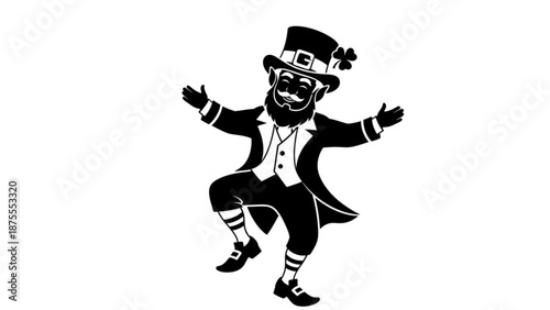 A cheerful leprechaun in a black and white illustration dancing with a big smile