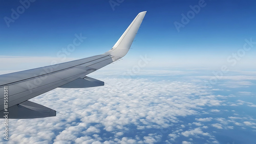 A plane wing flying high above the clouds under blue sky