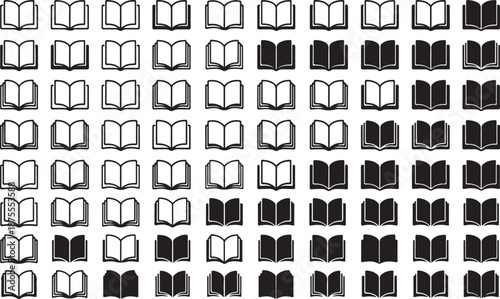 Large Grid Collection of Minimalist Open Book Icons in Both Outline and Solid Black Styles