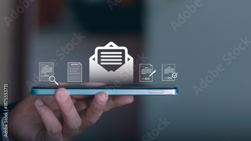 Photos Check email for replies, online procurement documents, contract warranties, licenses, and approvals on the mobile purchasing device for transportation businesses and startups