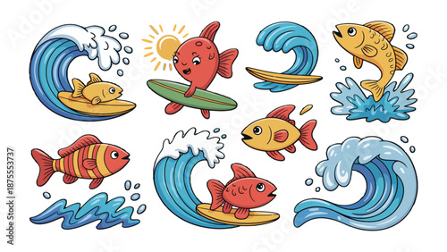 Cartoonish aquatic Adventure: Cute, playful fish and ocean waves elements, creating a joyous and vibrant underwater scene. Ideal for capturing the essence of childhood fun, adventure.
