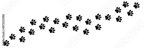 Paw foot trail print of cat, dog, and puppy silhouettes, showing diagonal animal tracks, suitable for t-shirts, backgrounds, patterns, websites, greeting cards, child prints
