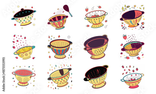 Versatile Lifestyle Icon Set Featuring Fitness Dumbbells, Blood Pressure Monitor, Calendar, Kitchen Utensils, Electric Kettle, First Aid Kit, and Decorative Tableware Collage