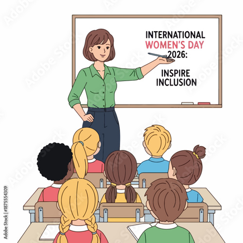 Teacher inspiring inclusion in a classroom for International Women's Day 2026 with a diverse group of students.