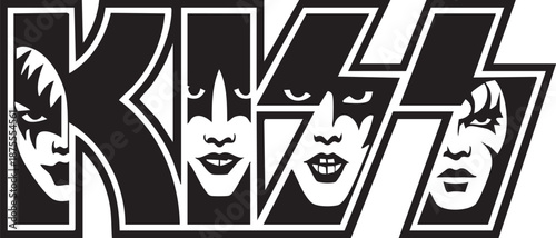 Kiss band logo features stylized faces integrated into each letter of the word kiss on a light gray background symbolizing classic rock music and iconic style of the legendary band.