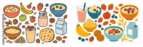 Colorful breakfast foods and drinks in vibrant vector illustration