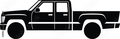 Black pickup truck silhouette side view, modern double cab utility vehicle isolated on white background for transportation, automotive, logistics, and commercial design use