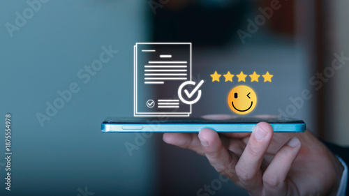 Quality assurance certificate, satisfaction, online reviews, service quality, user feedback, customer experience concept with five-star ratings and a smiling icon floating above a smartphone.