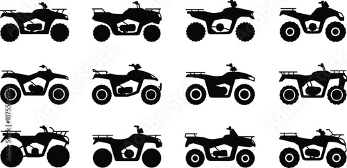 Collection of ATV quad bike silhouettes in multiple side views, off road all terrain vehicles isolated on white background for sport, adventure, and recreation design