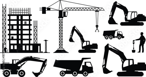 Construction site silhouettes with tower crane excavators dump trucks and workers, heavy industrial machinery and building infrastructure elements isolated on white background