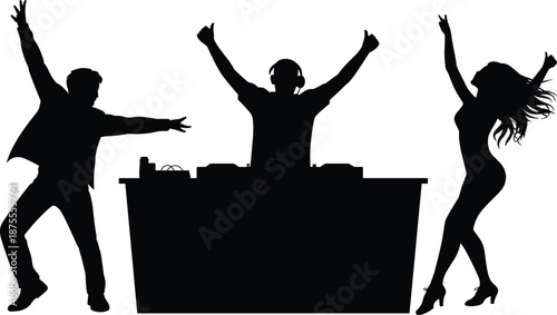 DJ party silhouettes with dancing man and woman celebrating music nightlife, club event scene isolated on white background for entertainment, festival, and music design concepts