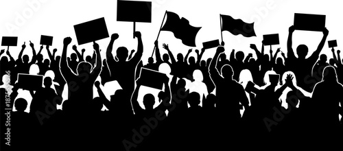 Silhouette of large protesting crowd holding banners and flags representing political activism, freedom of speech, social movement, public demonstration, unity, resistance, and civil rights concept