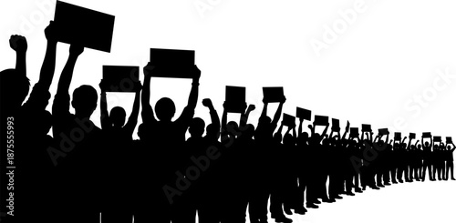 Silhouette of long protesting crowd holding blank banners symbolizing freedom of speech, political activism, social movement, unity, public demonstration, and collective resistance concept