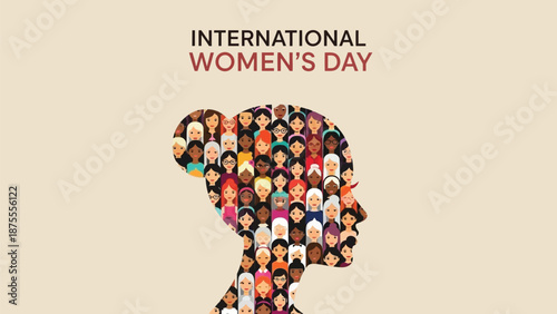 International women's day poster with diverse crowd in a woman's silhouette on beige background