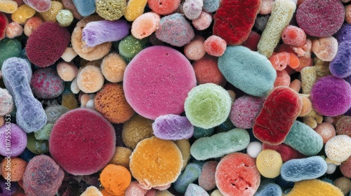 Close-up of various microbes and bacteria seen under a microscope shows their colors and shapes. This study highlights diversity in microscopic life.
