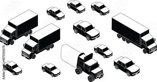 Isometric transport vehicle set with delivery trucks cargo lorries and passenger cars, urban logistics and traffic illustrations isolated on white background