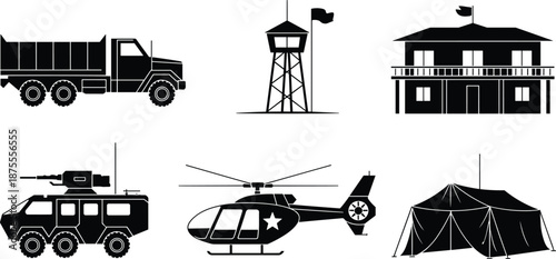 Military base and army equipment silhouettes including truck watchtower barracks armored vehicle helicopter and field tent, defense infrastructure elements isolated on white background