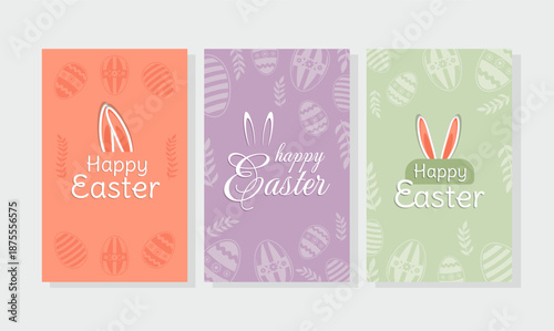 Set of Three Happy Easter Posters with Bunny Ears and Decorative Egg Pattern, Colorful Spring Holiday Greeting Cards
