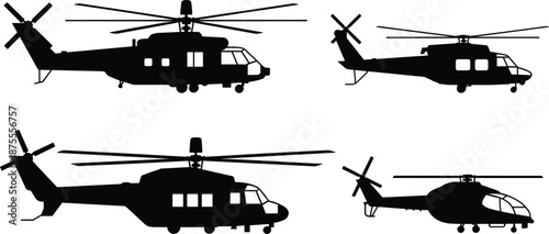 Military helicopter silhouettes set with different modern combat and transport rotorcraft side views, armed forces aviation vehicles isolated on white background for defense and security design