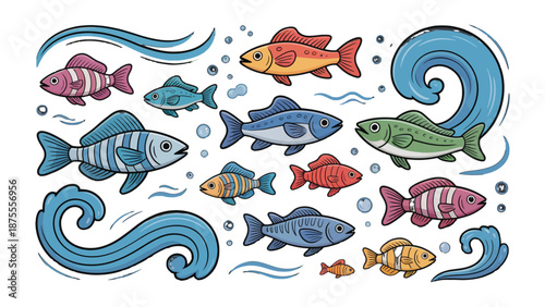 Colorful Marine Life: An illustration of a vibrant collection of fish swimming gracefully amidst swirling waves and bubbles, a lively underwater scene.