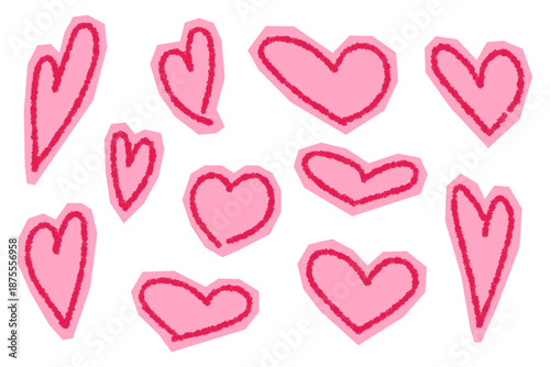 Set abstract hearts with texture contour pattern. Pink love symbol isolated on white for Valentine’s Day, love designs, cards, decor and collage.