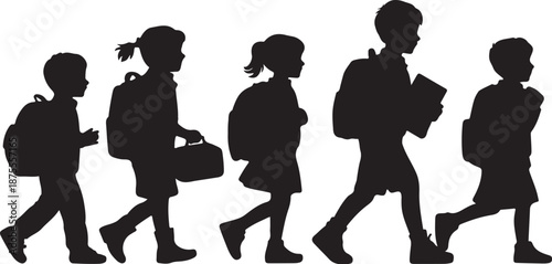 Five children walking with backpacks and books silhouettes