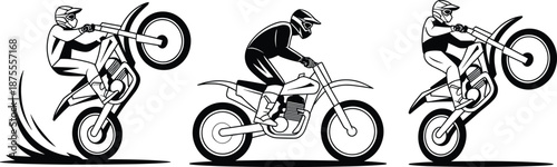 Motocross rider silhouettes performing wheelie stunts on dirt bikes, extreme motorcycle sport action illustration isolated on white background