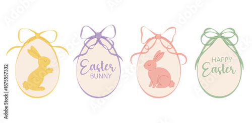 Set cute Easter egg tags with pastel bows, bunny illustrations and holiday lettering. Flat spring collection isolated on white for Easter cards, gifts, invitations and decorations.
