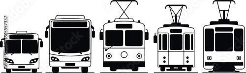Public transport front view silhouettes set featuring city buses trolleybuses and trams, urban transit vehicles isolated on white background for transportation and mobility design