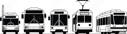 Public transport vehicle front view illustrations including city buses trolleybus and tram, urban transit collection isolated on white background for transportation and mobility design