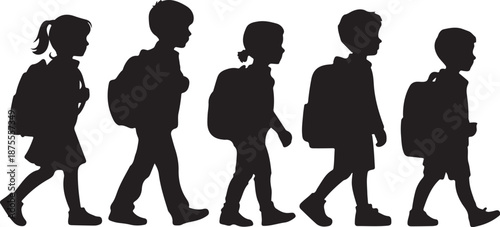 Five children walking with backpacks silhouette black