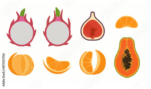 Tropical exotic fruits collection dragon fruit fig orange papaya flat vector on white background